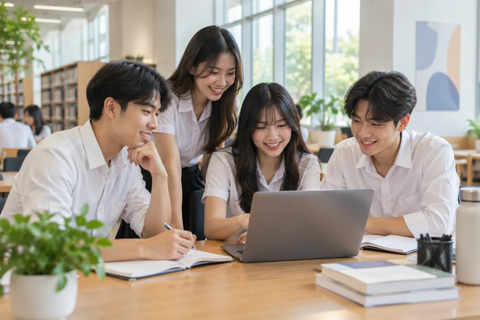 นักศึกษาไทยนั่งอ่านบทความวิชาการภาษาอังกฤษบนแล็ปท็อปในห้องสมุดมหาวิทยาลัย