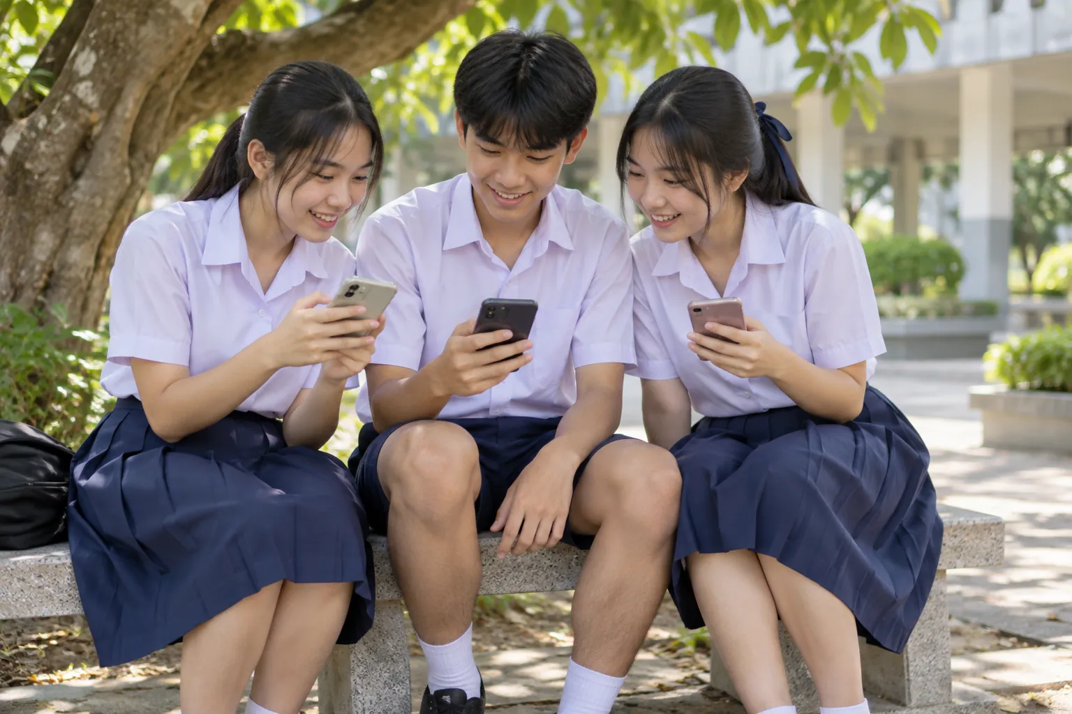 นักเรียน ม.3 สามคนนั่งบนม้านั่งใต้ต้นไม้ในโรงเรียน กำลังเทียบคำตอบภาษาอังกฤษบนมือถือ