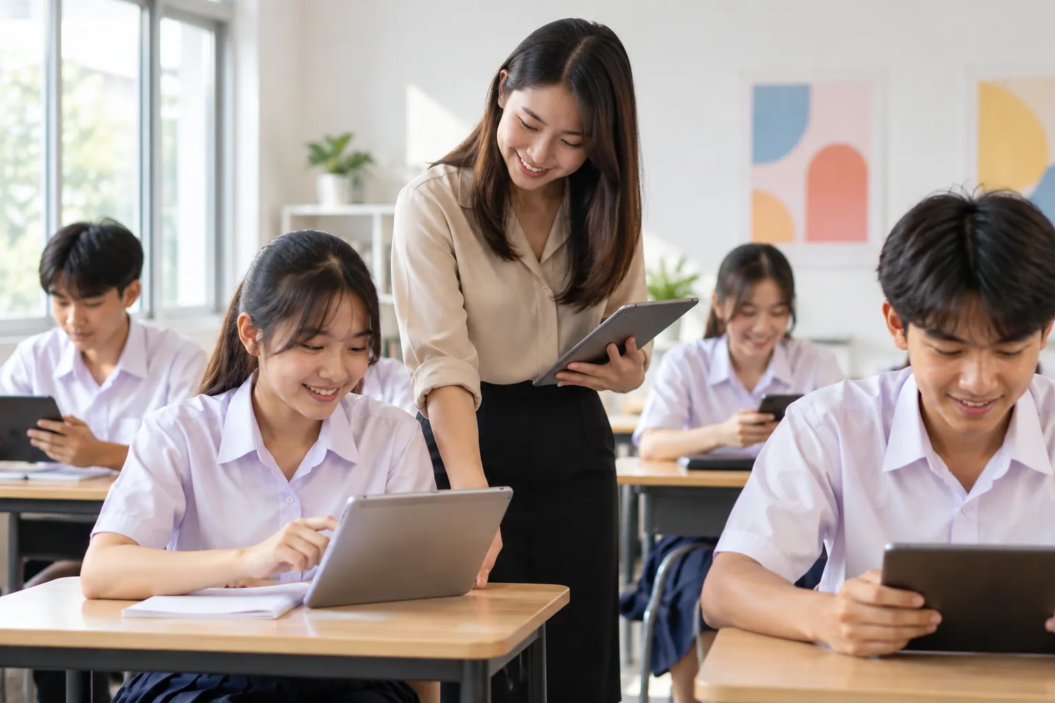 ห้องเรียนสว่าง ครูภาษาอังกฤษชาวไทยเดินดูนักเรียนที่กำลังฝึกภาษาอังกฤษบนมือถือและแท็บเล็ต