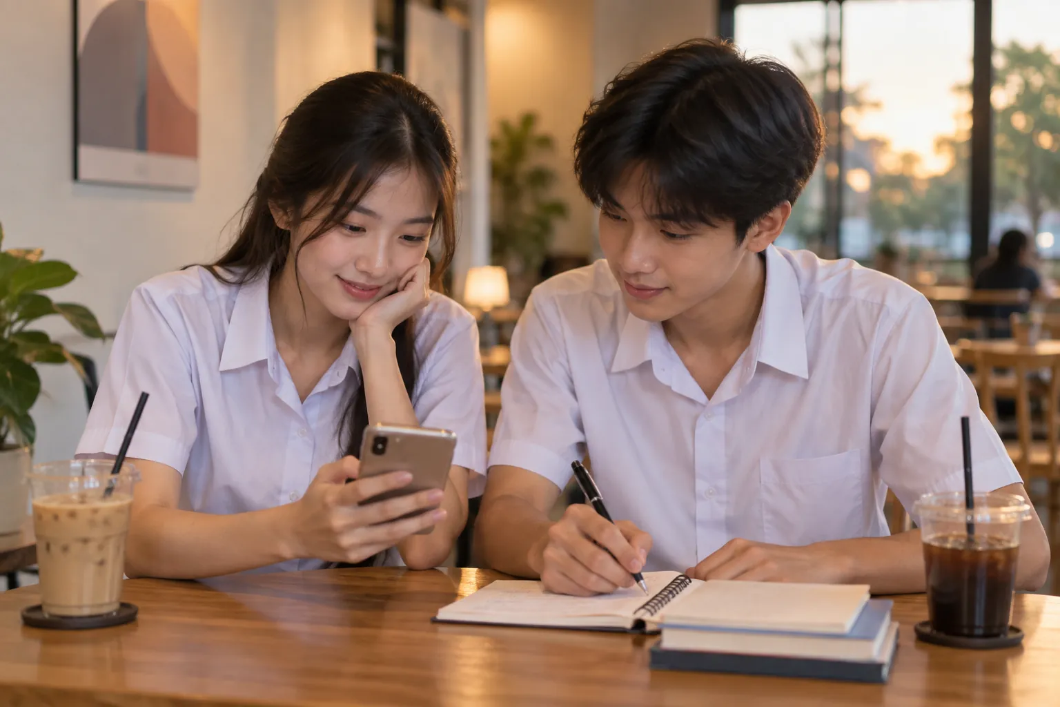 นักเรียน ม.6 ชายและหญิงในชุดนักเรียนนั่งทบทวนภาษาอังกฤษบนมือถือที่ร้านกาแฟหลังเลิกเรียน