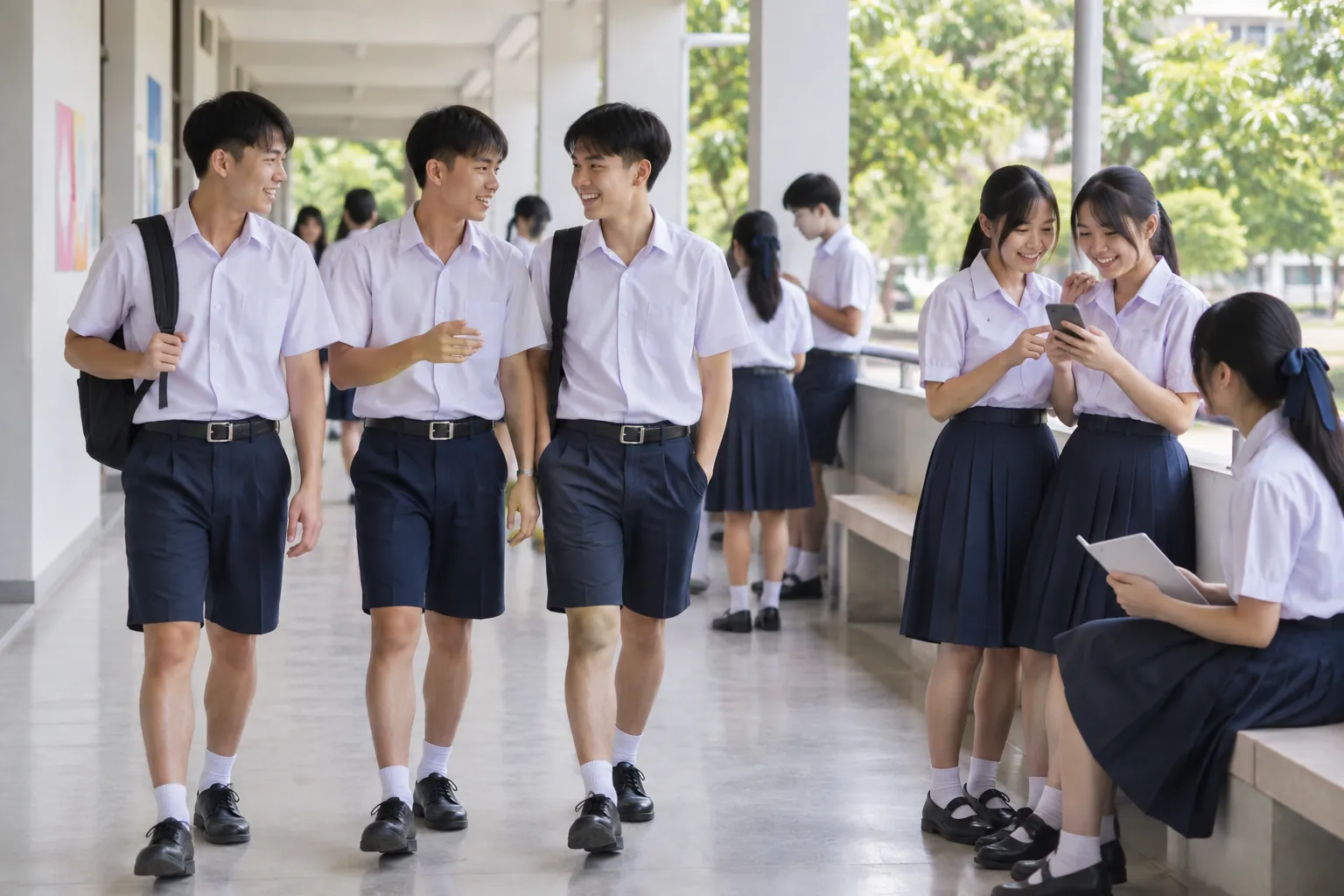 นักเรียนมัธยมไทยเดินพูดคุยกันตามทางเดินในโรงเรียนช่วงพักเที่ยง